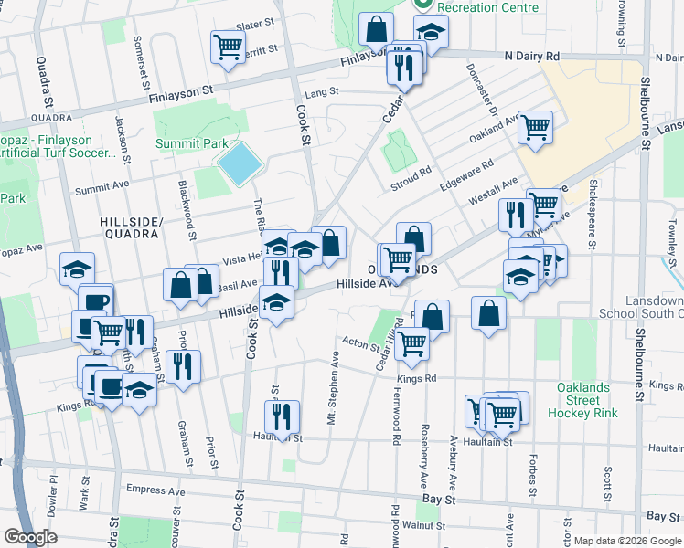 map of restaurants, bars, coffee shops, grocery stores, and more near 2710 Grosvenor Road in Victoria