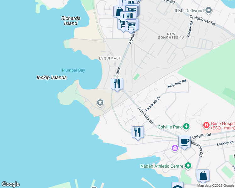 map of restaurants, bars, coffee shops, grocery stores, and more near 1100 Admirals Road in Victoria