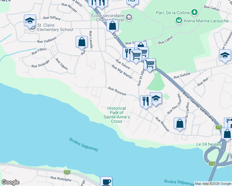 map of restaurants, bars, coffee shops, grocery stores, and more near 2741 Rue Roussel in Saguenay
