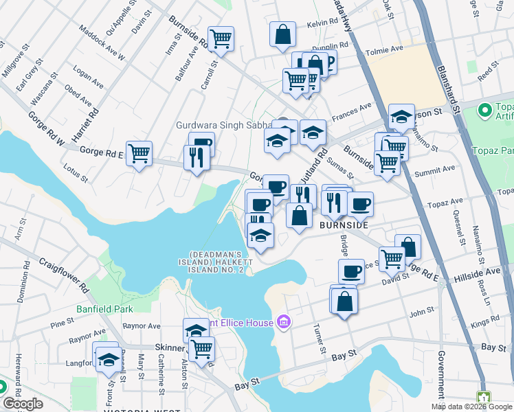 map of restaurants, bars, coffee shops, grocery stores, and more near 370 Waterfront Crescent in Victoria