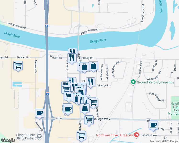 map of restaurants, bars, coffee shops, grocery stores, and more near 2222 Riverside Drive in Mount Vernon