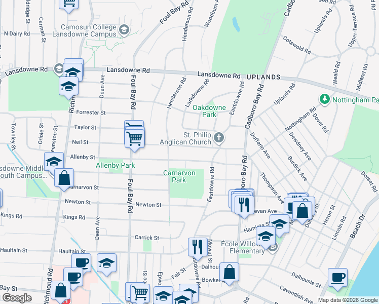 map of restaurants, bars, coffee shops, grocery stores, and more near Oak Bay Avenue in Oak Bay