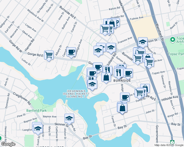 map of restaurants, bars, coffee shops, grocery stores, and more near 380 Waterfront Crescent in Victoria