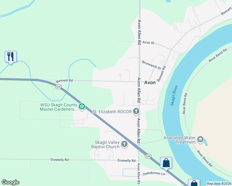 map of restaurants, bars, coffee shops, grocery stores, and more near 16872 Bennett Road in Mount Vernon