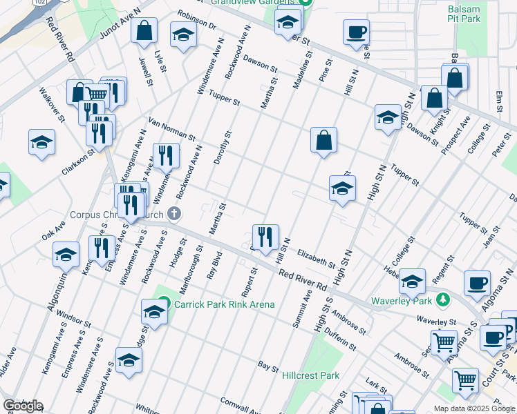 map of restaurants, bars, coffee shops, grocery stores, and more near 10 Carrie Street in Thunder Bay
