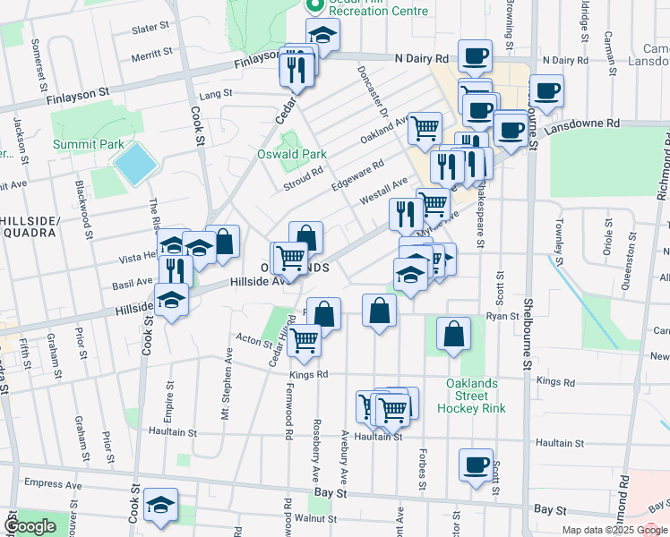 map of restaurants, bars, coffee shops, grocery stores, and more near 2732 Hamilton Road in Victoria