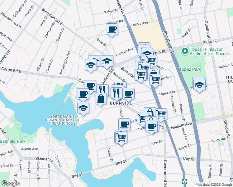 map of restaurants, bars, coffee shops, grocery stores, and more near 520 Dunedin Street in Victoria