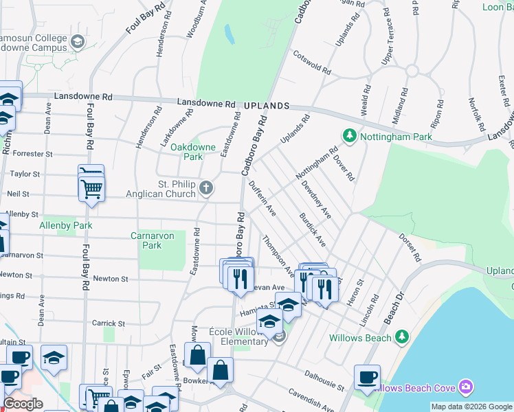map of restaurants, bars, coffee shops, grocery stores, and more near 2763 Thompson Avenue in Victoria