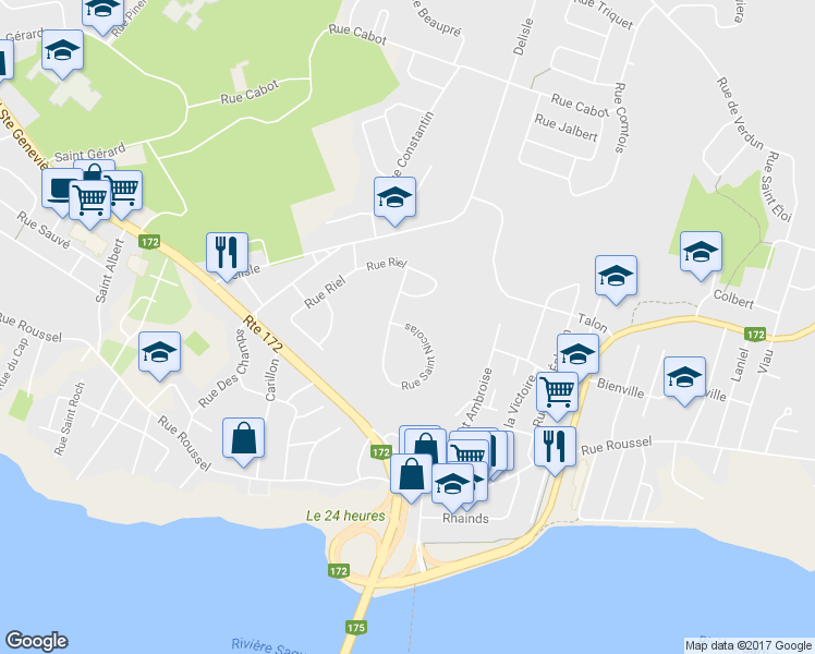 map of restaurants, bars, coffee shops, grocery stores, and more near Rue Saint Nicolas in Saguenay
