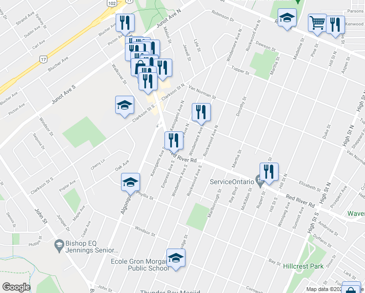 map of restaurants, bars, coffee shops, grocery stores, and more near 23 Empress Avenue North in Thunder Bay