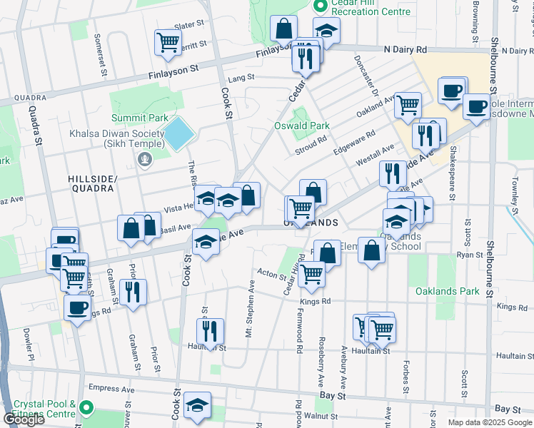 map of restaurants, bars, coffee shops, grocery stores, and more near 2715 Grosvenor Road in Victoria