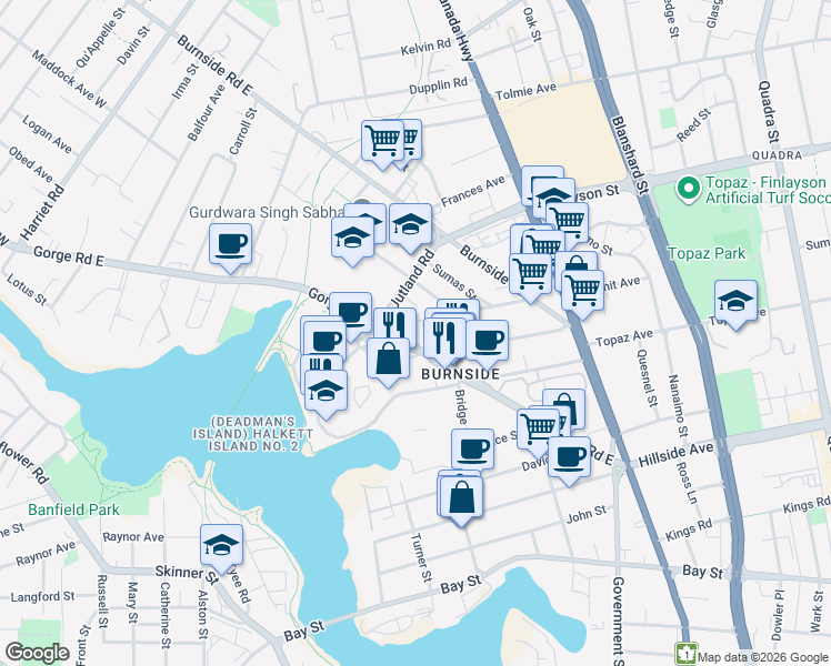 map of restaurants, bars, coffee shops, grocery stores, and more near 535 Manchester Road in Victoria