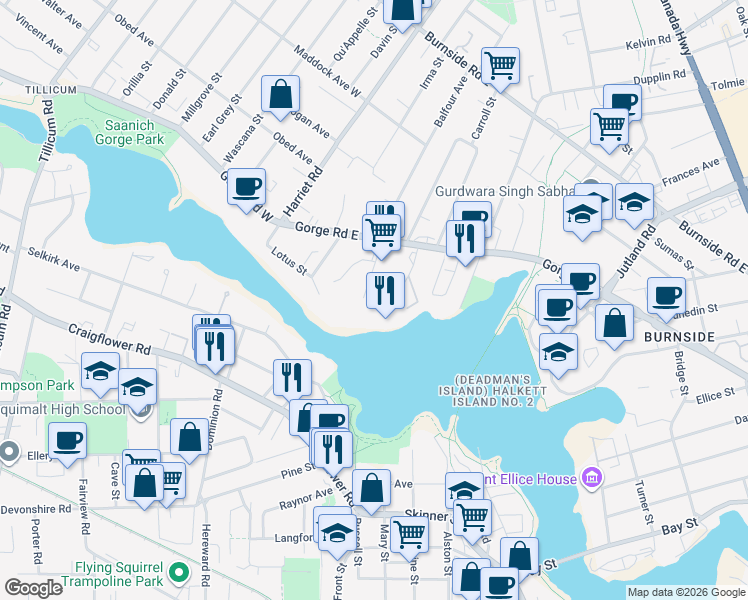 map of restaurants, bars, coffee shops, grocery stores, and more near 105 Gorge Road East in Victoria