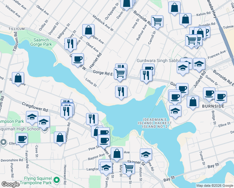 map of restaurants, bars, coffee shops, grocery stores, and more near 63 British Columbia 1A in Victoria