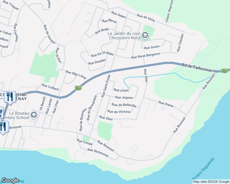 map of restaurants, bars, coffee shops, grocery stores, and more near 199 Rue d'Orly in Saguenay