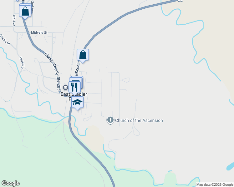 map of restaurants, bars, coffee shops, grocery stores, and more near 410 Marie Street in East Glacier Park Village