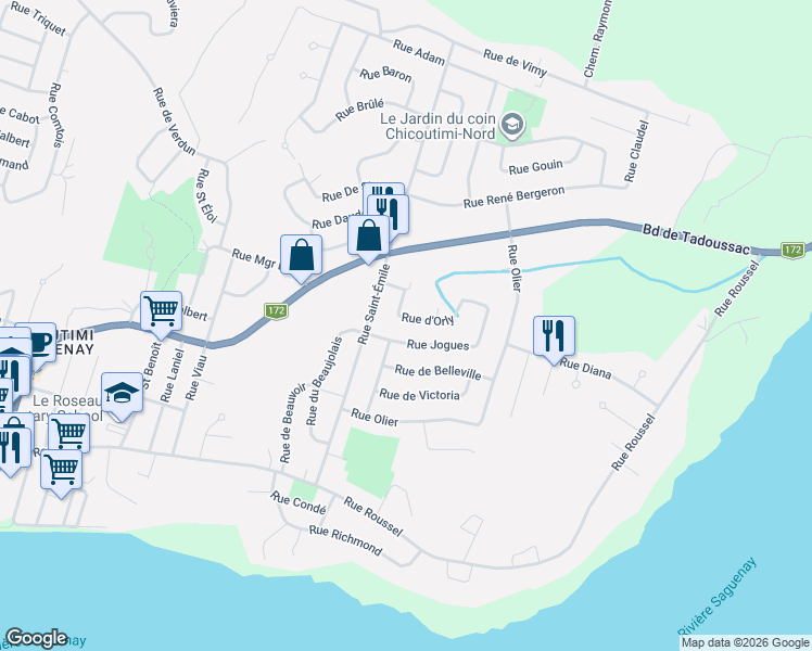 map of restaurants, bars, coffee shops, grocery stores, and more near 199 Rue d'Orly in Saguenay