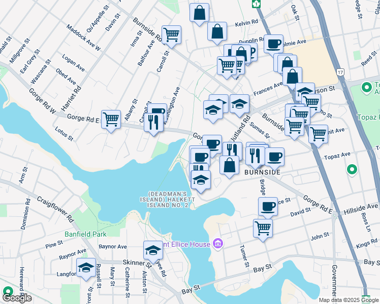 map of restaurants, bars, coffee shops, grocery stores, and more near 365 Waterfront Crescent in Victoria