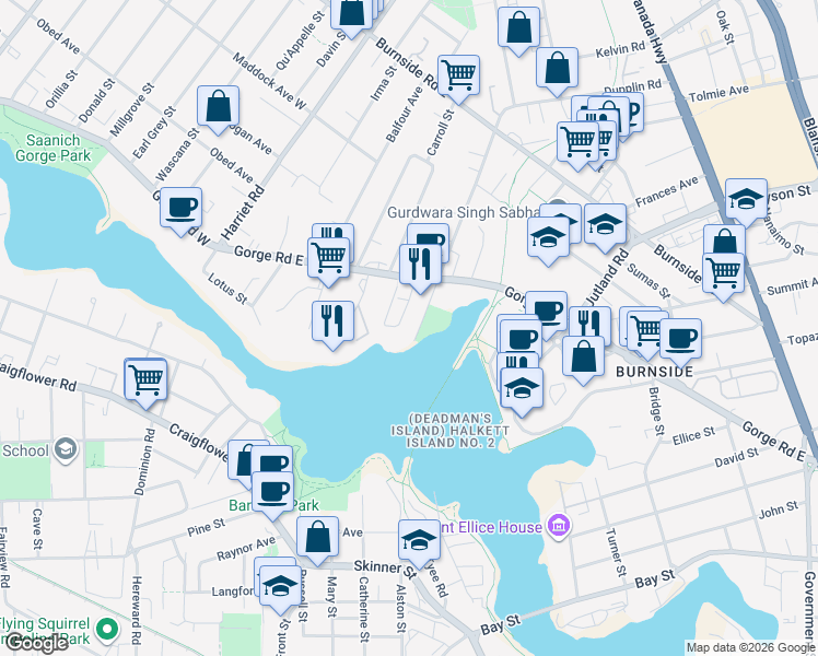 map of restaurants, bars, coffee shops, grocery stores, and more near 2930 Washington Avenue in Victoria