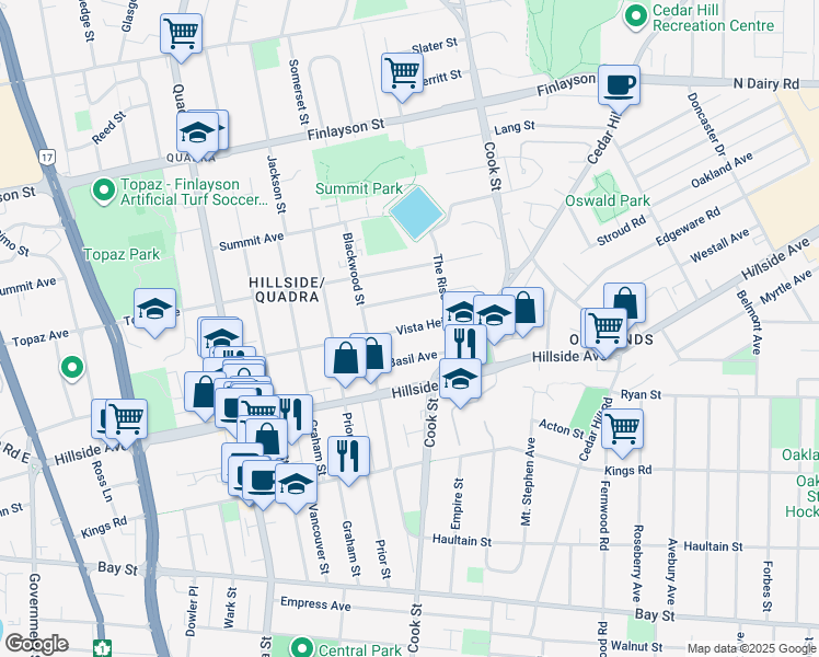 map of restaurants, bars, coffee shops, grocery stores, and more near Vista Heights in Victoria