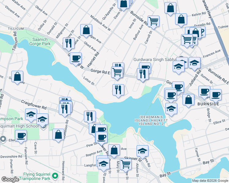 map of restaurants, bars, coffee shops, grocery stores, and more near 63 British Columbia 1A in Victoria