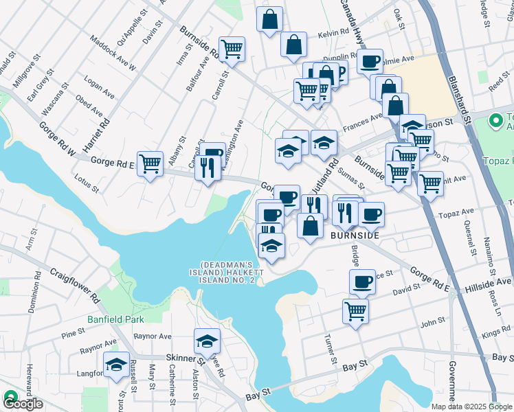 map of restaurants, bars, coffee shops, grocery stores, and more near 301 Gorge Road East in Victoria