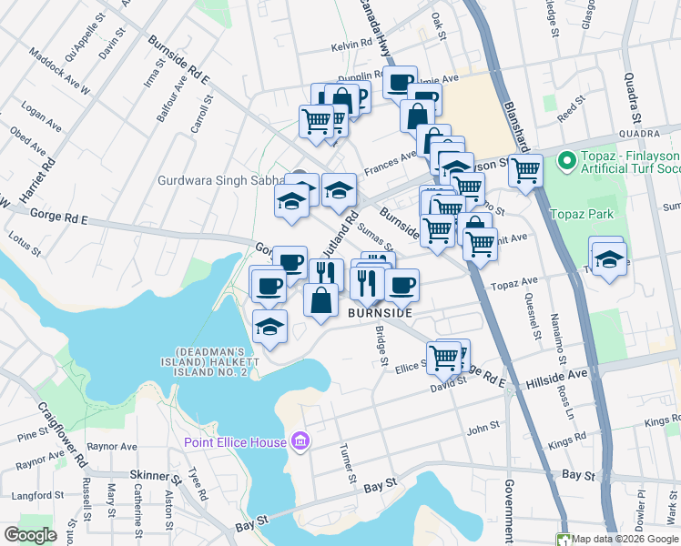 map of restaurants, bars, coffee shops, grocery stores, and more near in Victoria