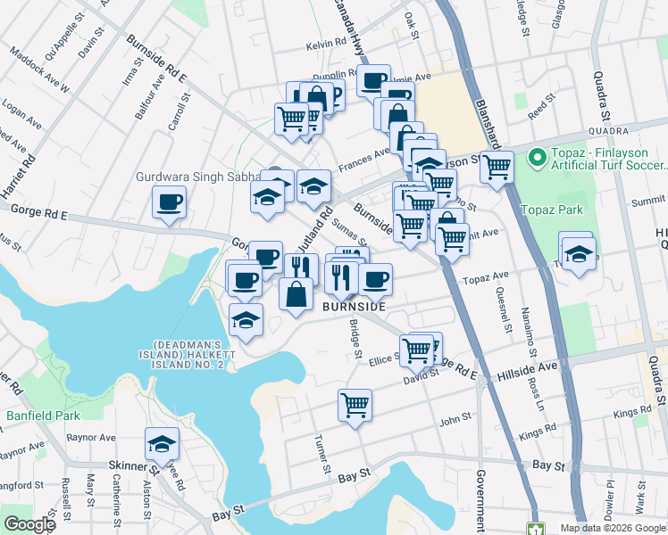 map of restaurants, bars, coffee shops, grocery stores, and more near in Victoria