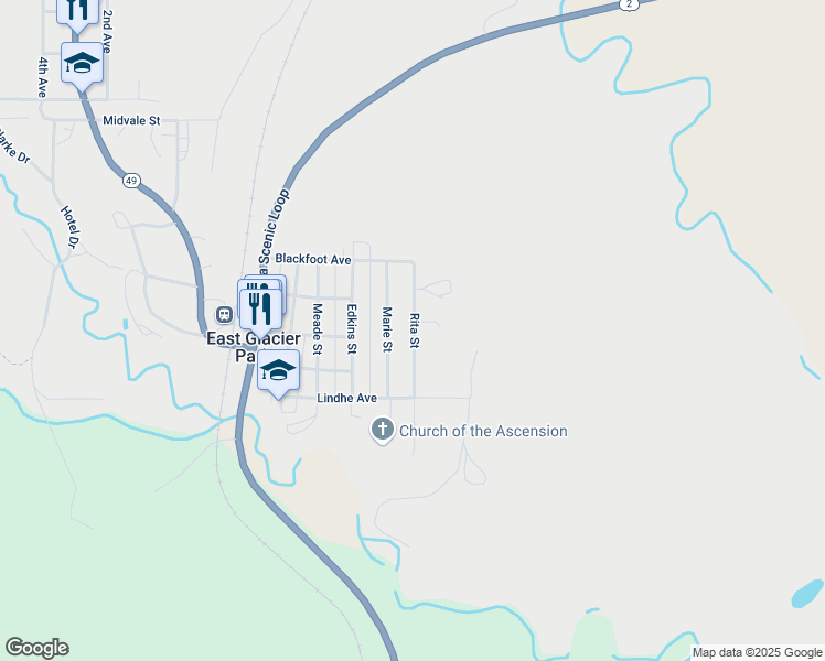 map of restaurants, bars, coffee shops, grocery stores, and more near 410 Marie Street in East Glacier Park Village