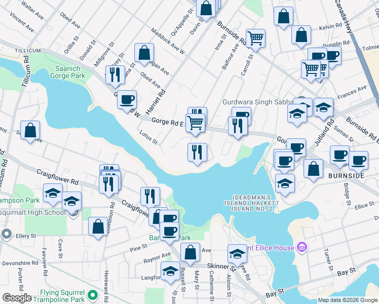map of restaurants, bars, coffee shops, grocery stores, and more near 103 Gorge Road East in Victoria
