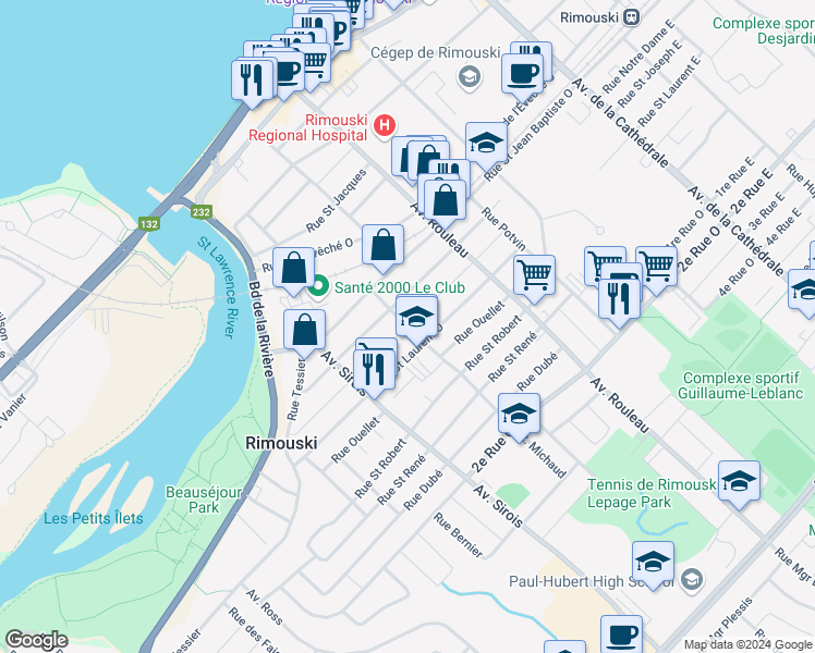 map of restaurants, bars, coffee shops, grocery stores, and more near Rue Saint Joseph Ouest in Rimouski