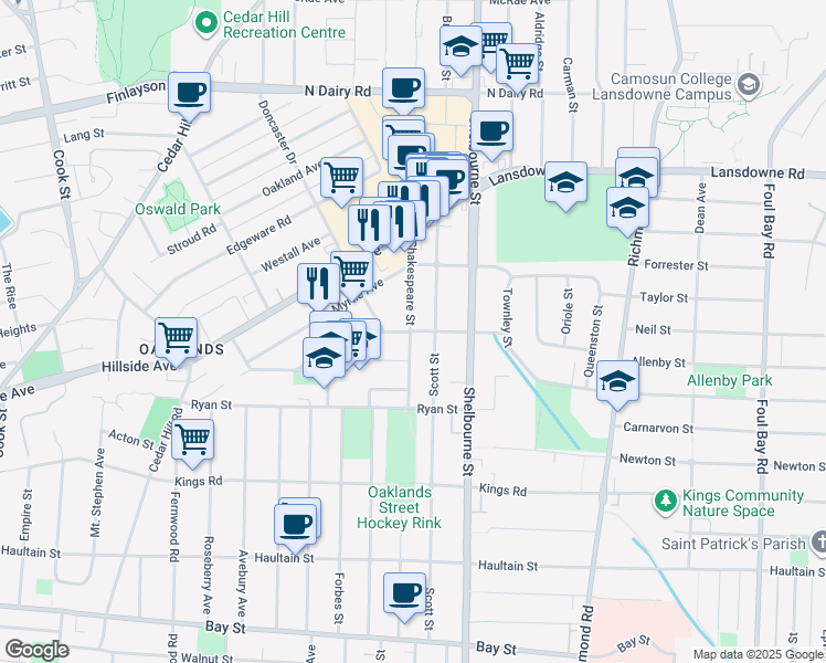 map of restaurants, bars, coffee shops, grocery stores, and more near Pearl Street in Victoria
