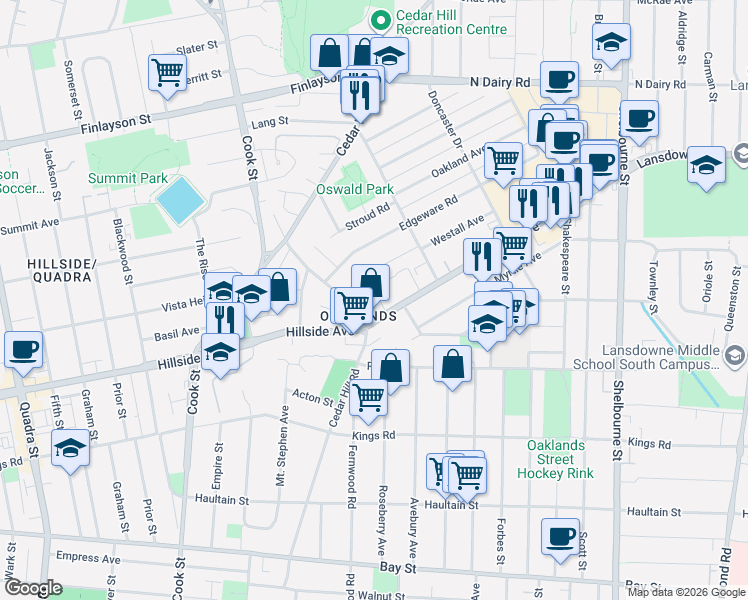 map of restaurants, bars, coffee shops, grocery stores, and more near 1414 Hillside Avenue in Victoria