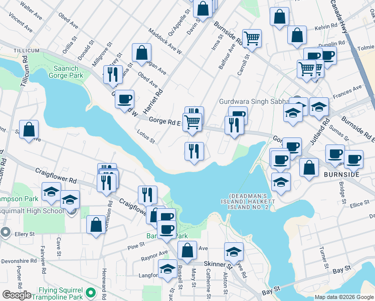 map of restaurants, bars, coffee shops, grocery stores, and more near 63 British Columbia 1A in Victoria