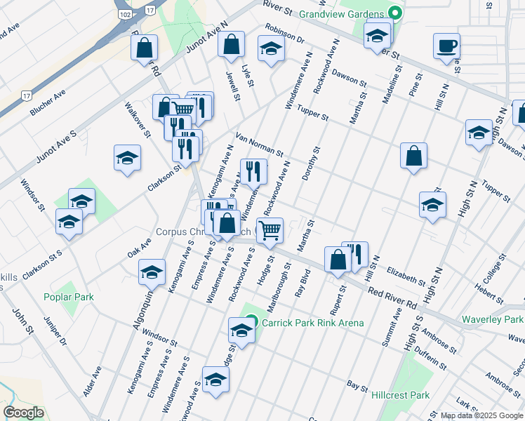 map of restaurants, bars, coffee shops, grocery stores, and more near 38 Rockwood Avenue North in Thunder Bay