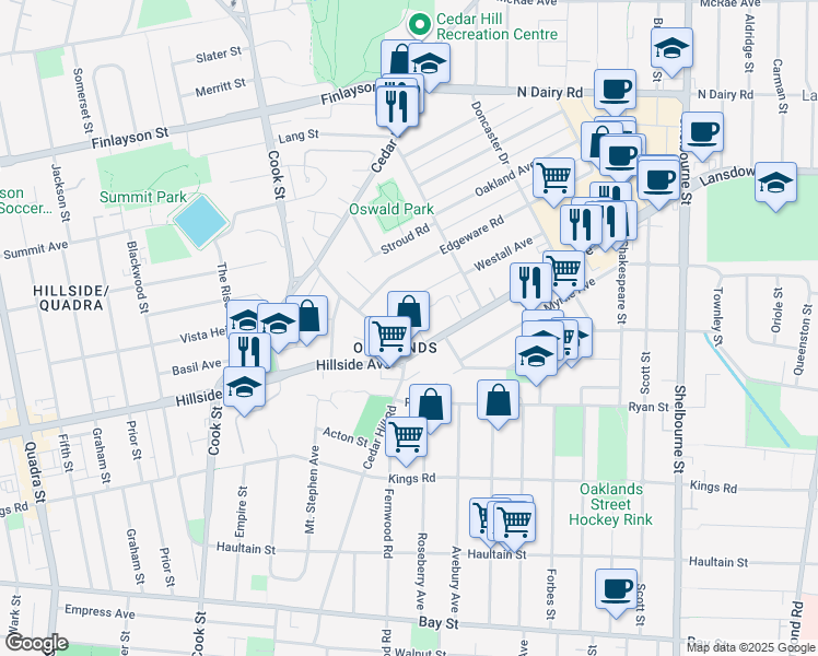 map of restaurants, bars, coffee shops, grocery stores, and more near 1414 Hillside Avenue in Victoria