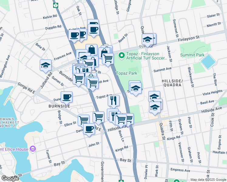 map of restaurants, bars, coffee shops, grocery stores, and more near Nanaimo Street in Victoria