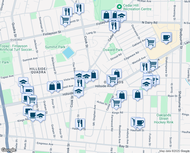 map of restaurants, bars, coffee shops, grocery stores, and more near 1389 Vista Heights in Victoria
