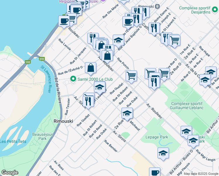 map of restaurants, bars, coffee shops, grocery stores, and more near 199 Rue Saint Laurent Ouest in Rimouski
