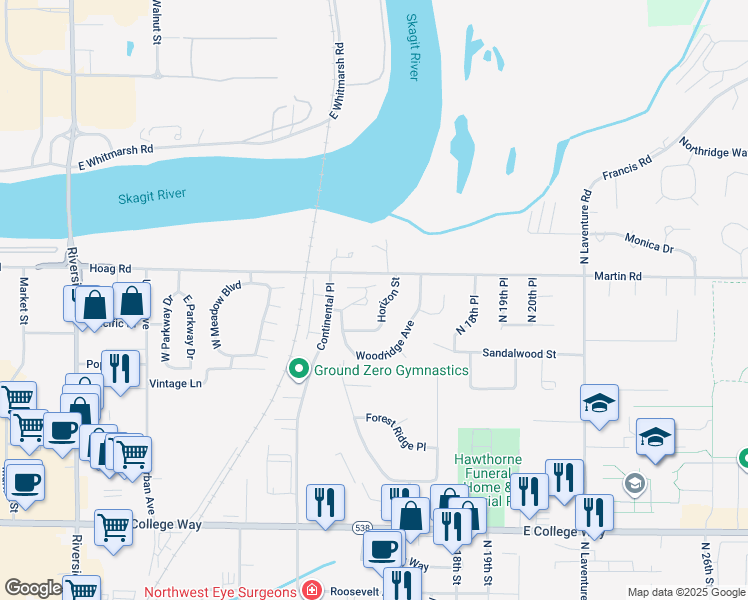 map of restaurants, bars, coffee shops, grocery stores, and more near 2413 Horizon Street in Mount Vernon