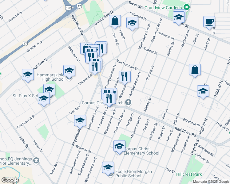 map of restaurants, bars, coffee shops, grocery stores, and more near 46 Empress Avenue North in Thunder Bay