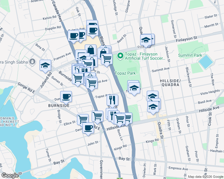 map of restaurants, bars, coffee shops, grocery stores, and more near Nanaimo Street in Victoria
