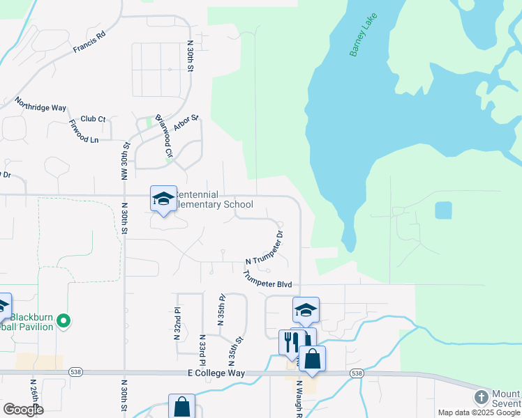 map of restaurants, bars, coffee shops, grocery stores, and more near 2305 North Trumpeter Drive in Mount Vernon