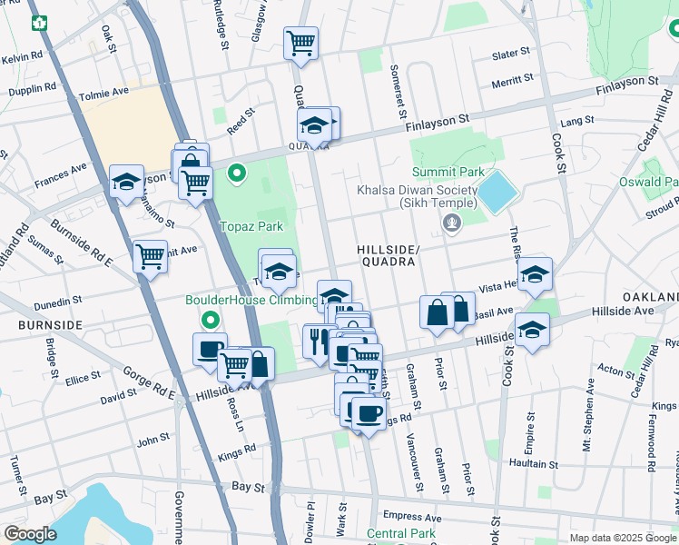 map of restaurants, bars, coffee shops, grocery stores, and more near 2861 Quadra Street in Victoria