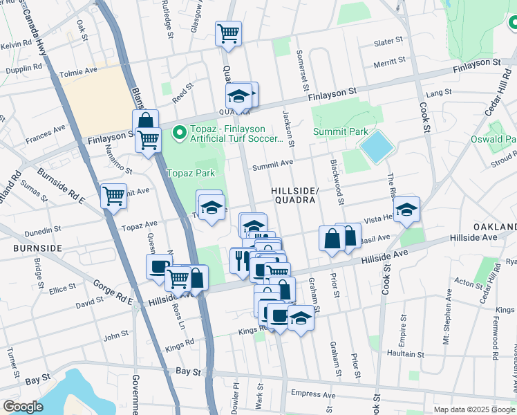 map of restaurants, bars, coffee shops, grocery stores, and more near 2861 Quadra Street in Victoria