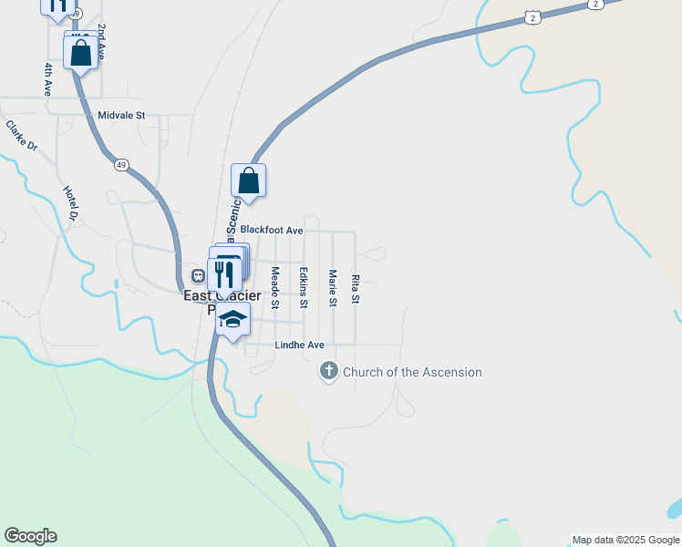 map of restaurants, bars, coffee shops, grocery stores, and more near 410 Marie Street in East Glacier Park