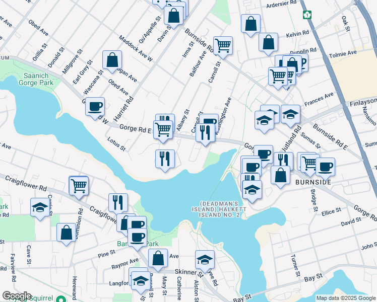 map of restaurants, bars, coffee shops, grocery stores, and more near 215 Gorge Road East in Victoria