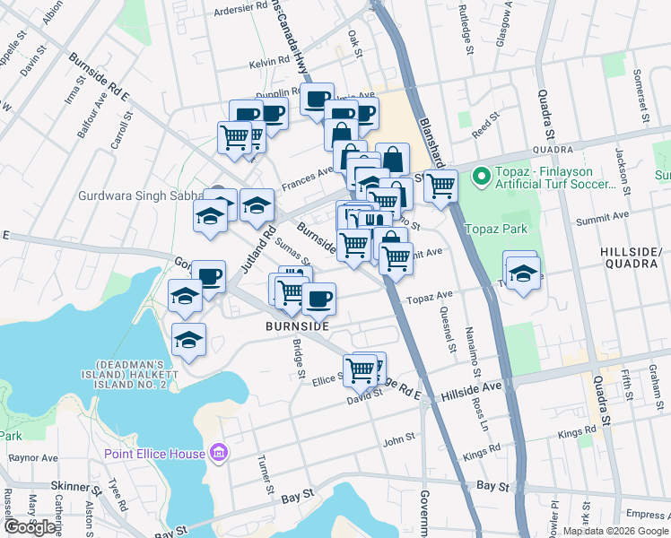 map of restaurants, bars, coffee shops, grocery stores, and more near in Victoria