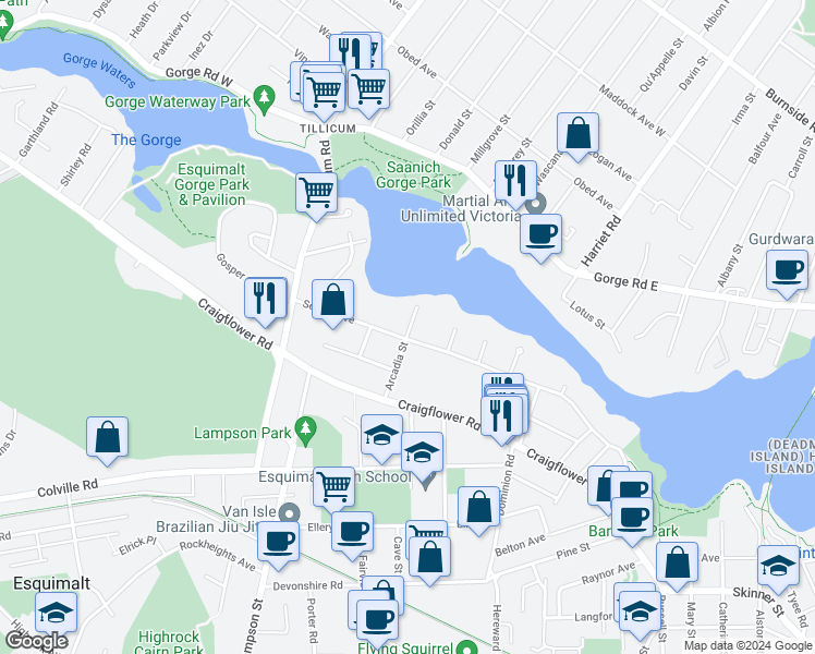 map of restaurants, bars, coffee shops, grocery stores, and more near 1002 Arcadia Street in Victoria