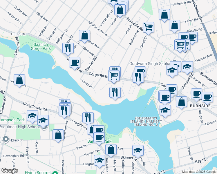 map of restaurants, bars, coffee shops, grocery stores, and more near 63 British Columbia 1A in Victoria